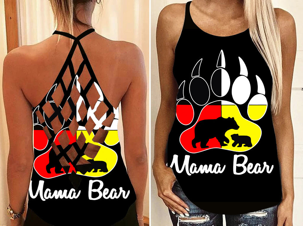 Black criss-cross back tank with multicolor bear paw and Mama Bear graphic