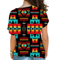 Black native tribes pattern T-shirt (back), multicolor geometric print, short sleeves
