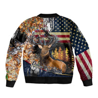 Bomber jacket with American flag and deer portrait, forest camouflage print, black ribbed cuffs