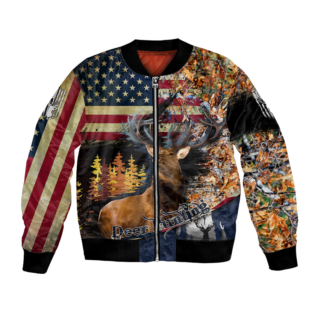 Deer Hunting American Flag Deciduous Forest Pattern Bomber Jacket - Wonder Print Shop