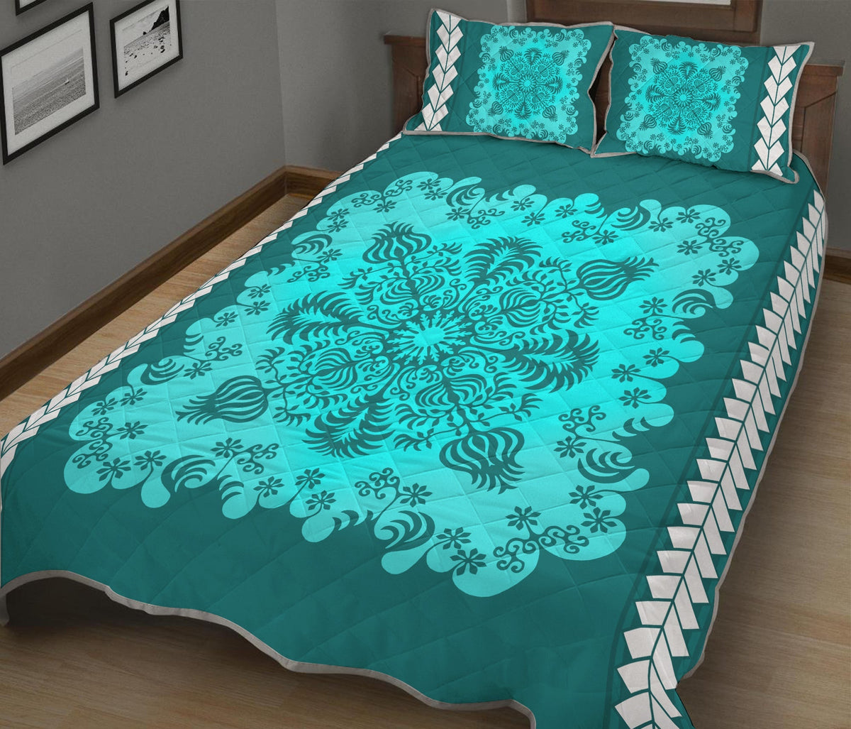 Turquoise quilt bed set with floral medallion pattern and white geometric border