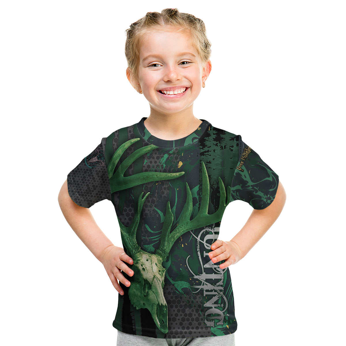 Deer Hunting Green Grunge Pattern Kid T Shirt - Wonder Print Shop