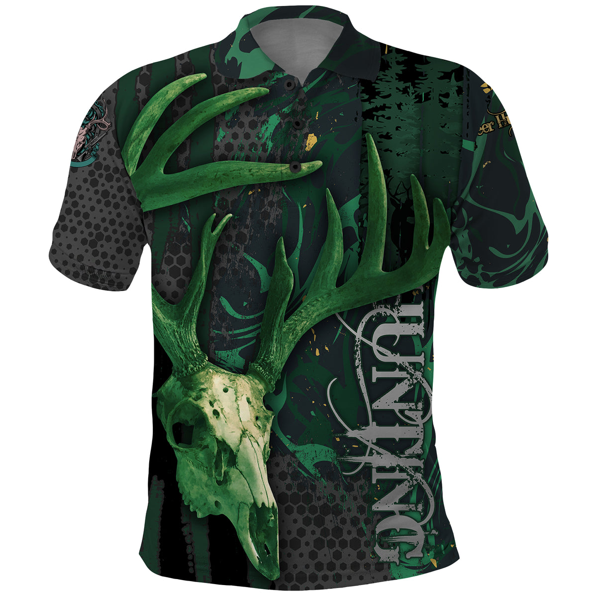 Green deer-grunge polo shirt with button placket and short sleeves, front graphic
