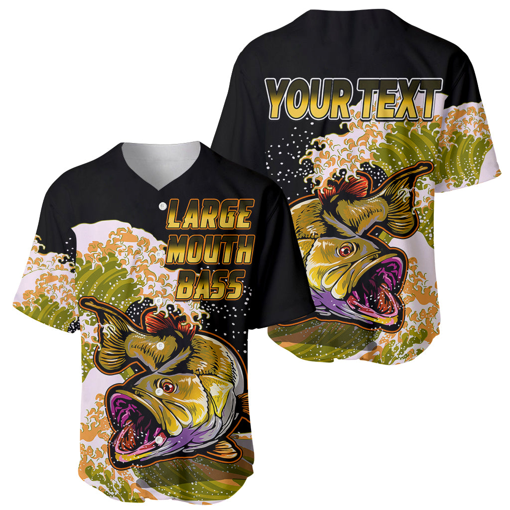 Personalized bass fishing baseball jersey set, black with fish graphic, front and back shown.