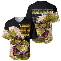 Personalized bass fishing baseball jersey set, black with fish graphic, front and back shown.
