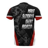 Back view Canada golf style T-shirt, black with red/white stripes and “MAKE SHOTS” print