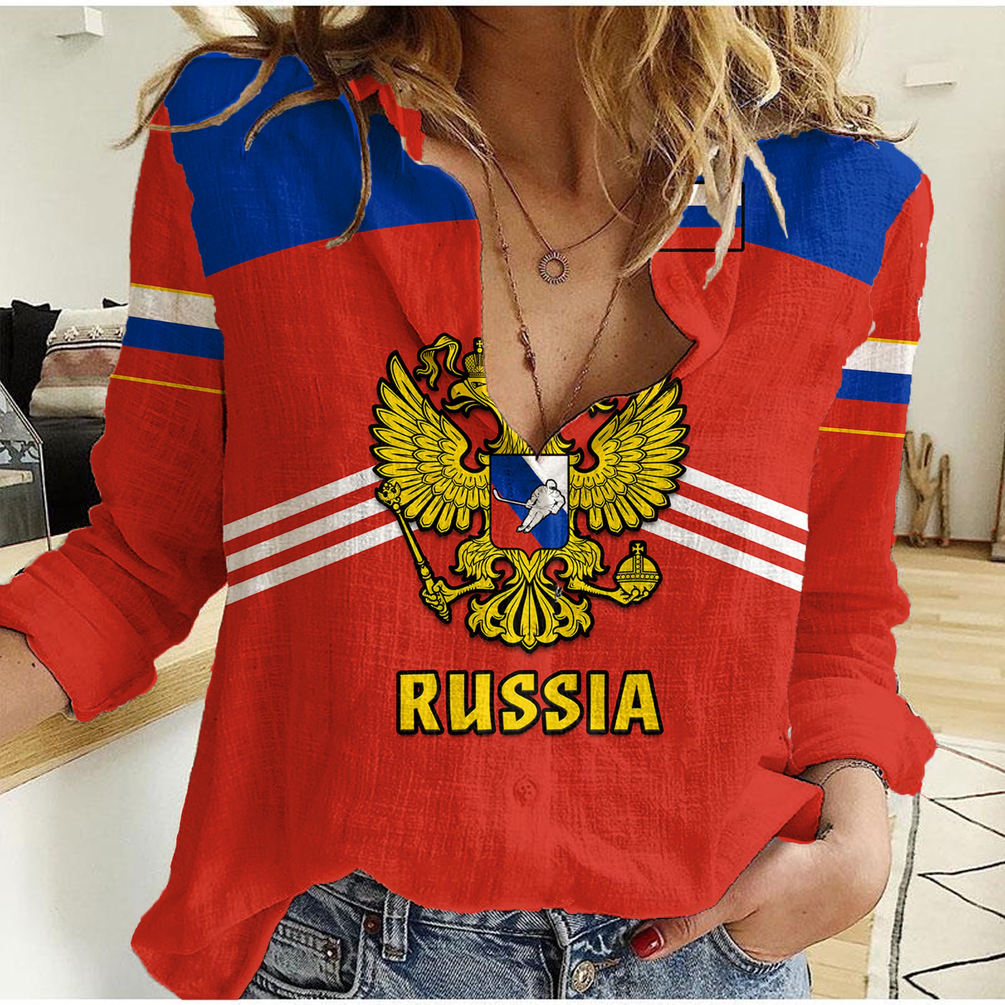 custom-text-and-number-russia-hockey-2023-red-sporty-style-women-casual-shirt