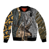 Bomber jacket with front zip, deer graphic in gray/black/green/tan; ribbed cuffs
