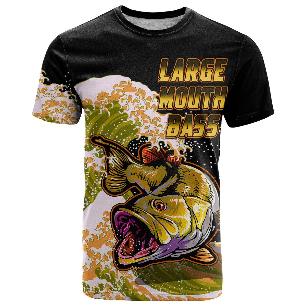Fishing T-shirt with large mouth bass graphic and 'LARGE MOUTH BASS' print