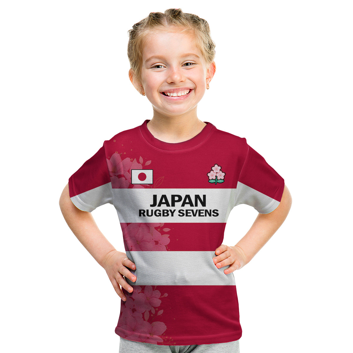 (Custom Text And Number) Japan Rugby 7s Japanese Cherry Blossom Kid T Shirt - Wonder Print Shop