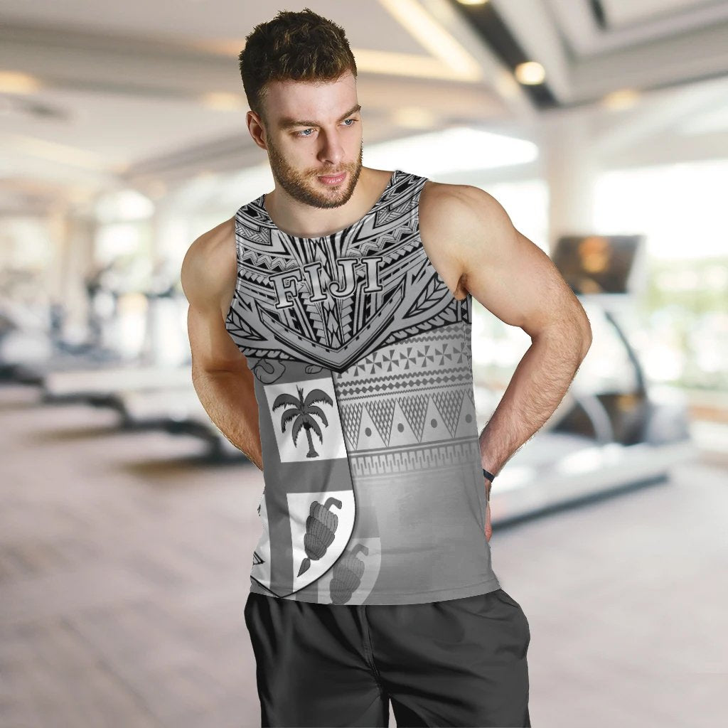 Men's tank top with Fiji tribal print and sailboat graphic, sleeveless crew neckline