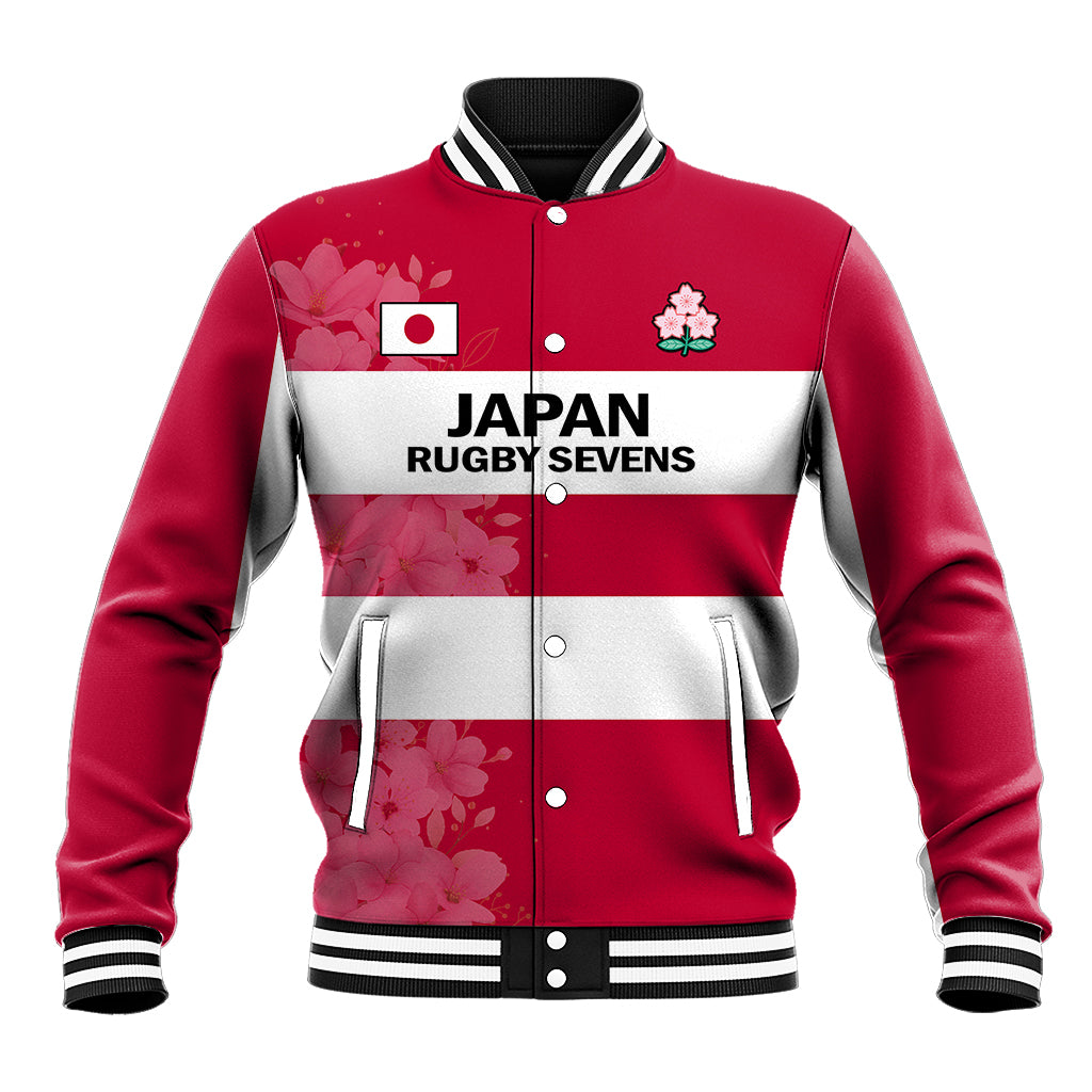 (Custom Text And Number) Japan Rugby 7s Japanese Cherry Blossom Baseball Jacket - Wonder Print Shop