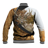 Baseball jacket with deer head over autumn trees on back, striped ribbed hem.