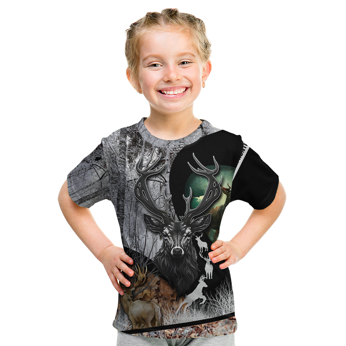 Deer Hunting - A Mystical Deer With Large Antler Within A Forest Winter Forest Pattern Kid T Shirt - Wonder Print Shop