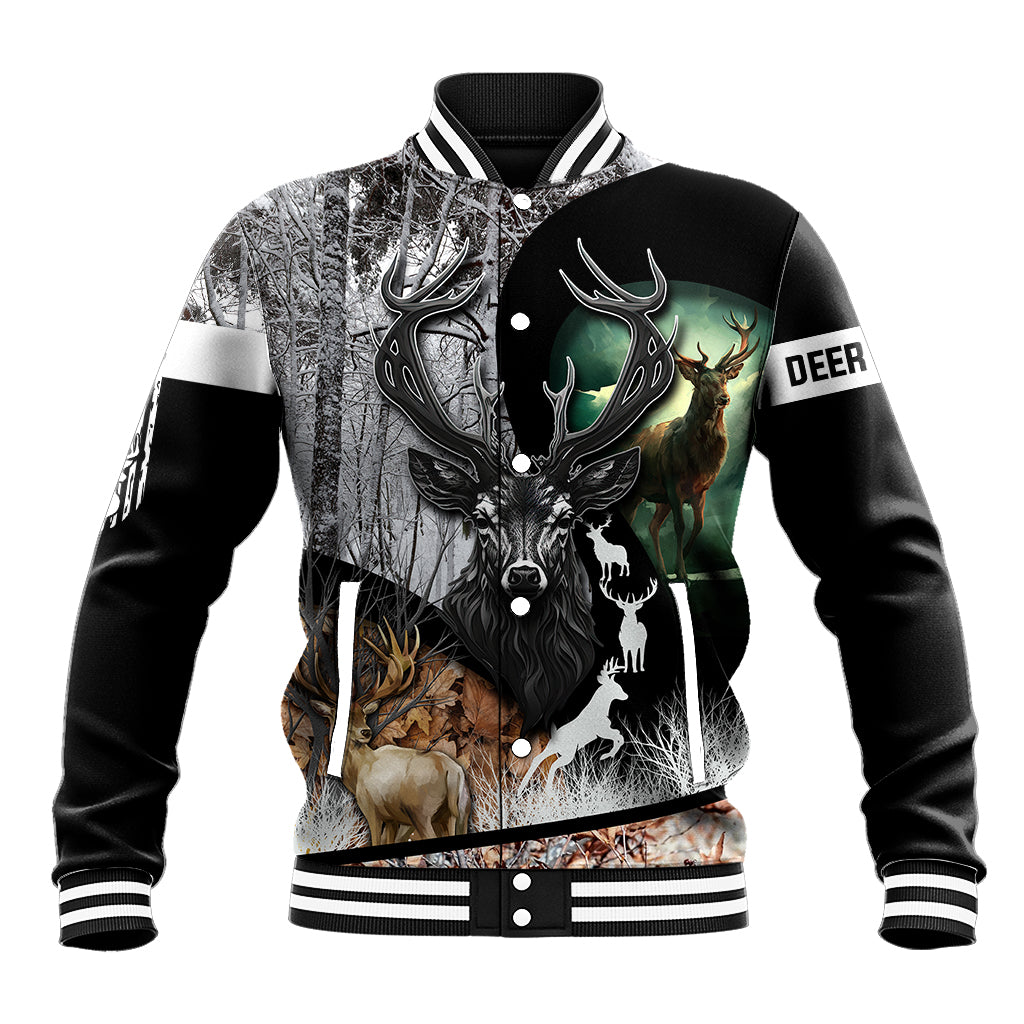 Deer Hunting - A Mystical Deer With Large Antler Within A Forest Winter Forest Pattern Baseball Jacket - Wonder Print Shop