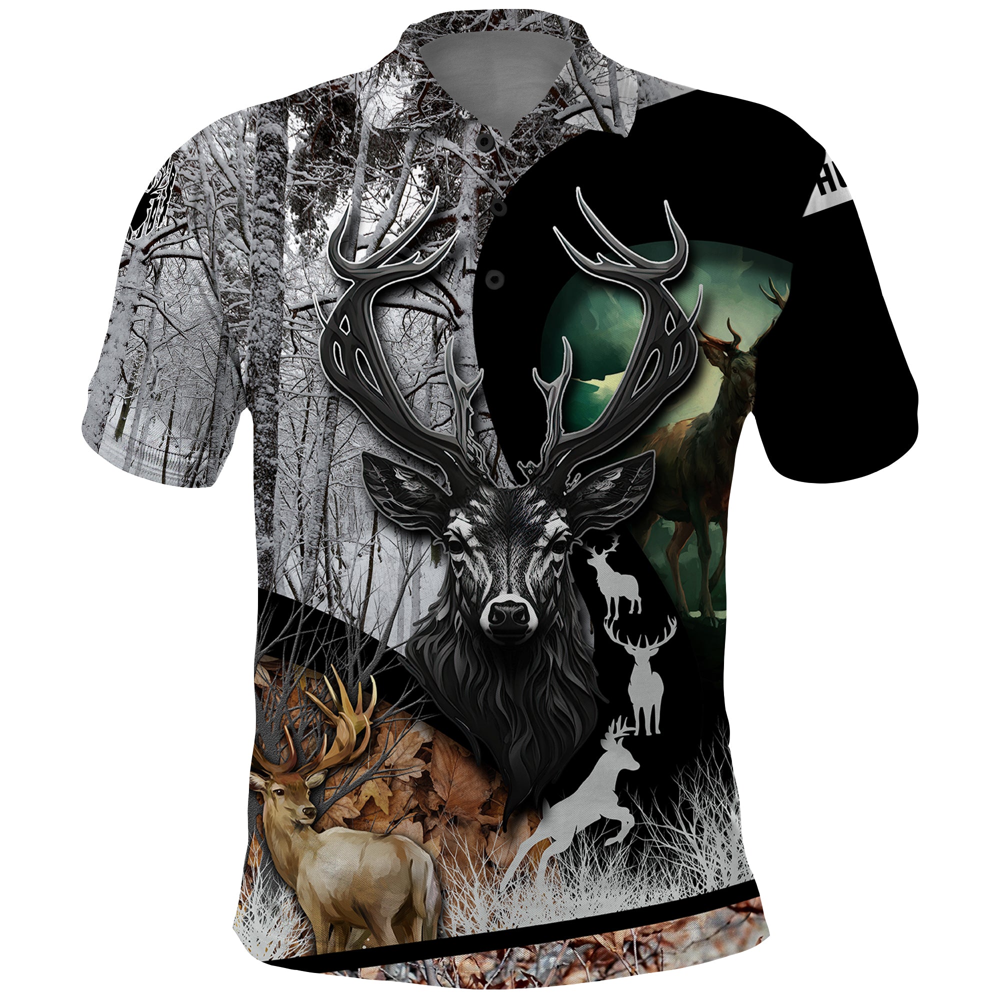 Deer Hunting A Mystical Deer With Large Antler Within A Forest Winter Forest Pattern Polo Shirt - Wonder Print Shop