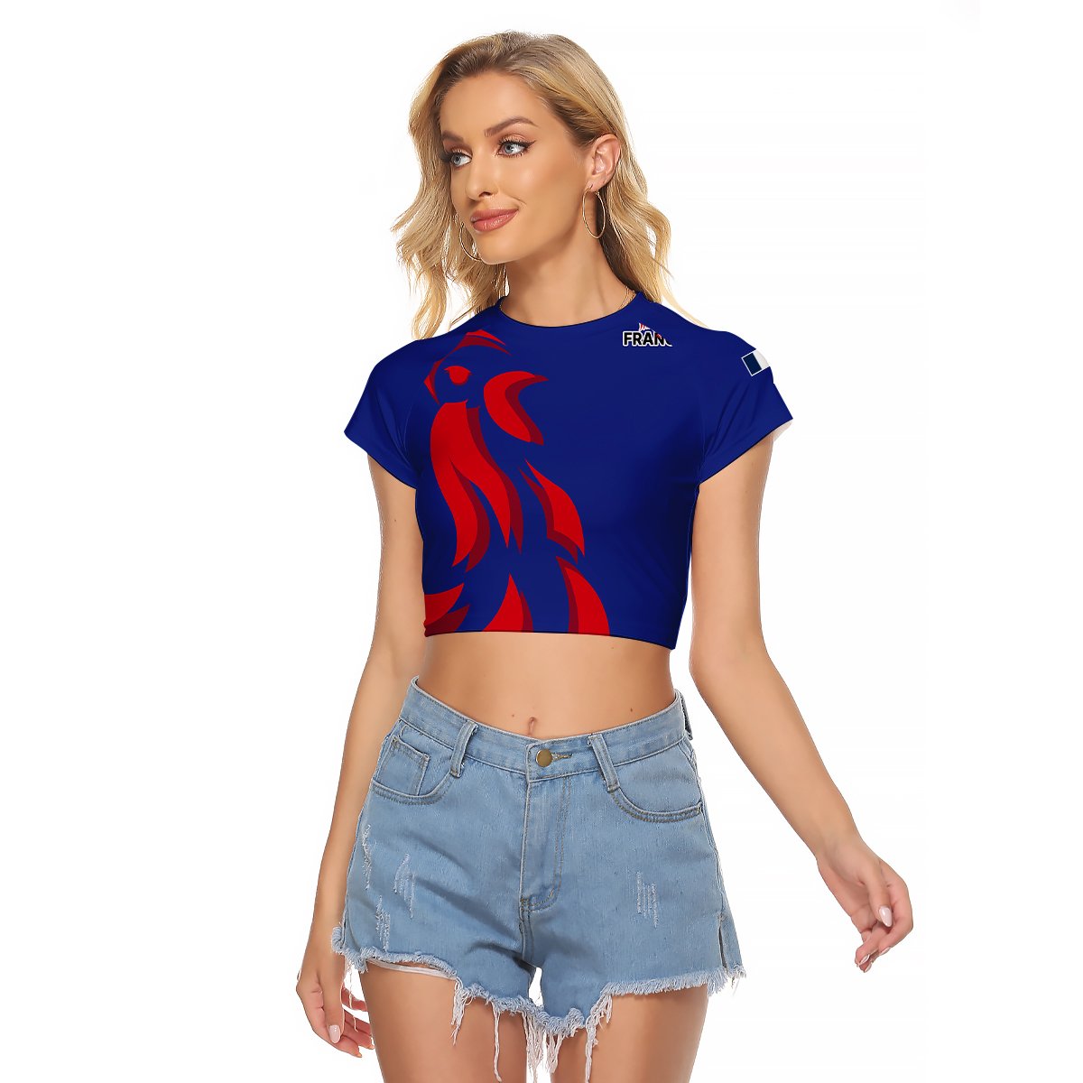 Blue cropped rugby T-shirt with red rooster graphic and small logo