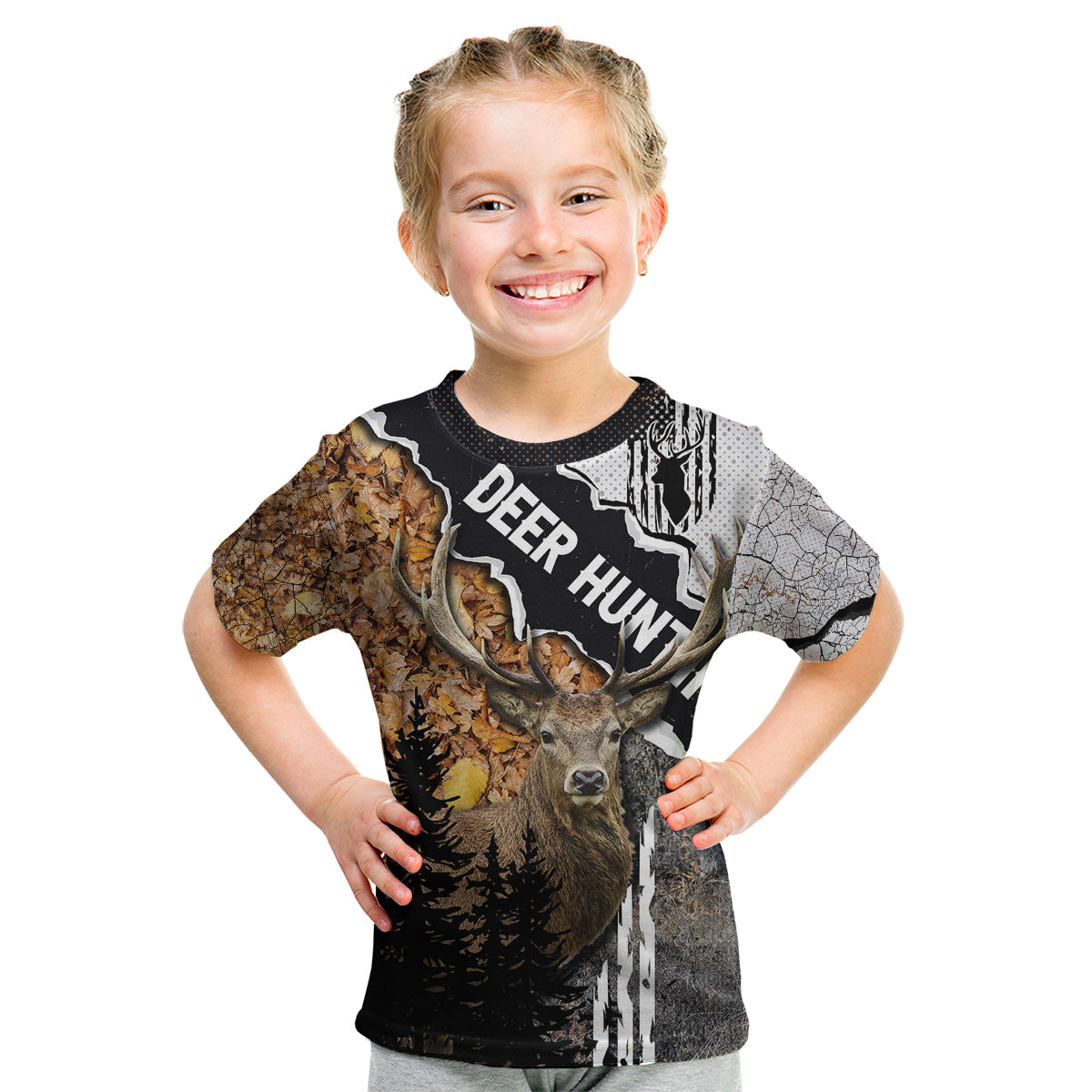 Deer Hunting Dry Broadleaf Forest Grunge Pattern Kid T Shirt - Wonder Print Shop