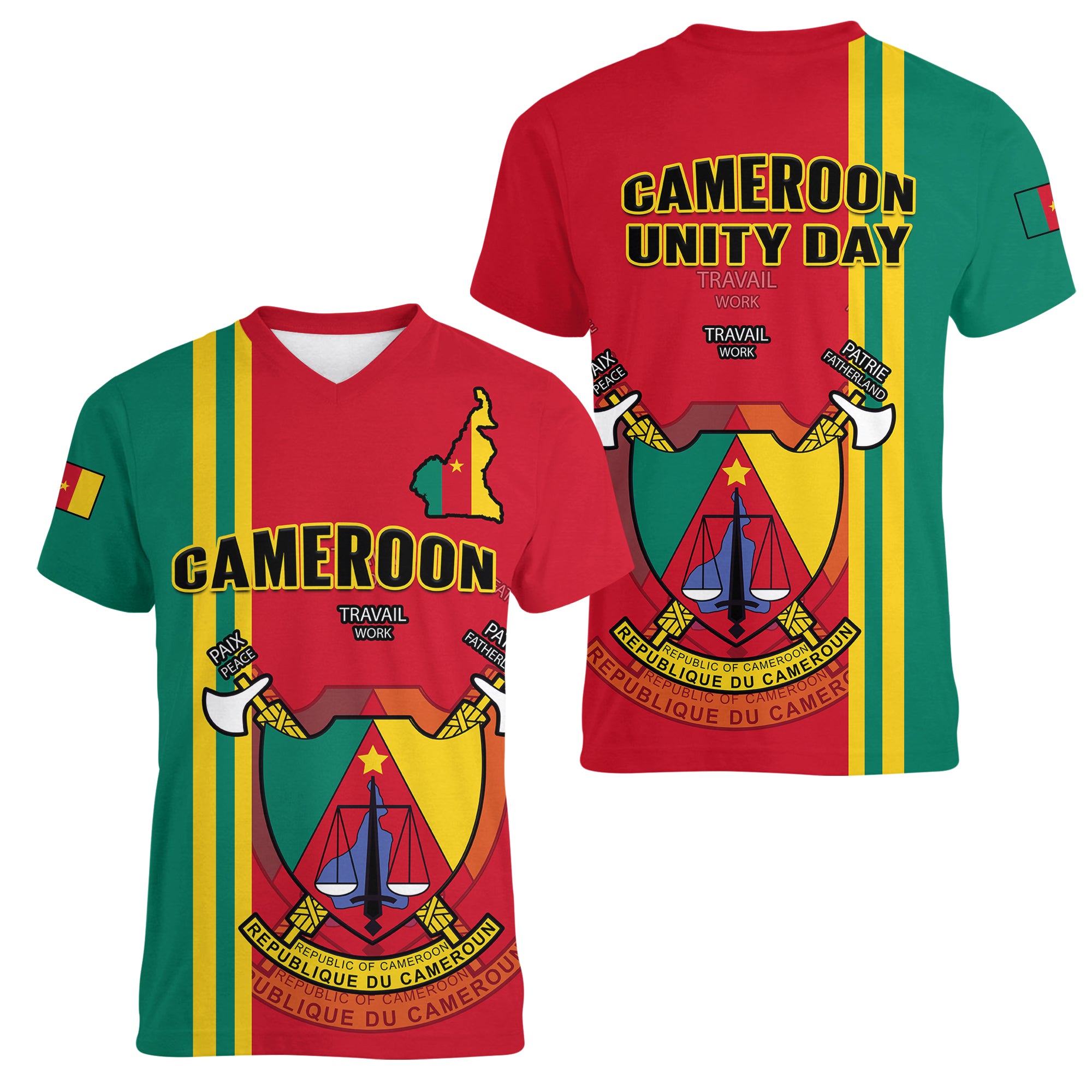 Cameroon Happy Unity Day Cameroun Coat Of Arms Women V Neck T Shirt - Wonder Print Shop