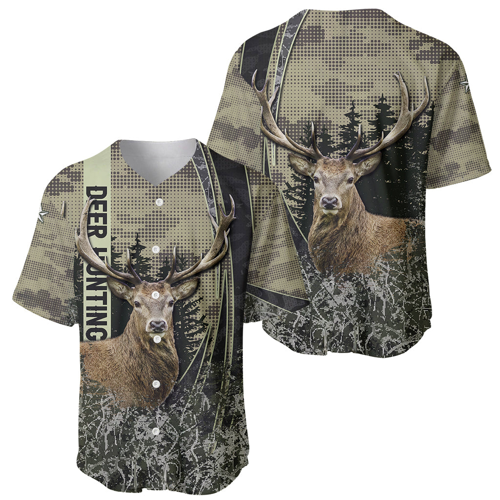 Camouflage baseball jersey with deer portrait, antlers graphic, button-front and V-neck