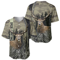 Camouflage baseball jersey with deer portrait, antlers graphic, button-front and V-neck