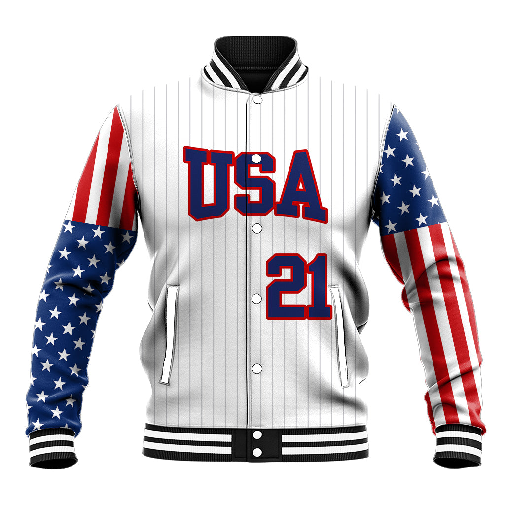 White baseball jacket with USA lettering, number 21, black collar, and zip front