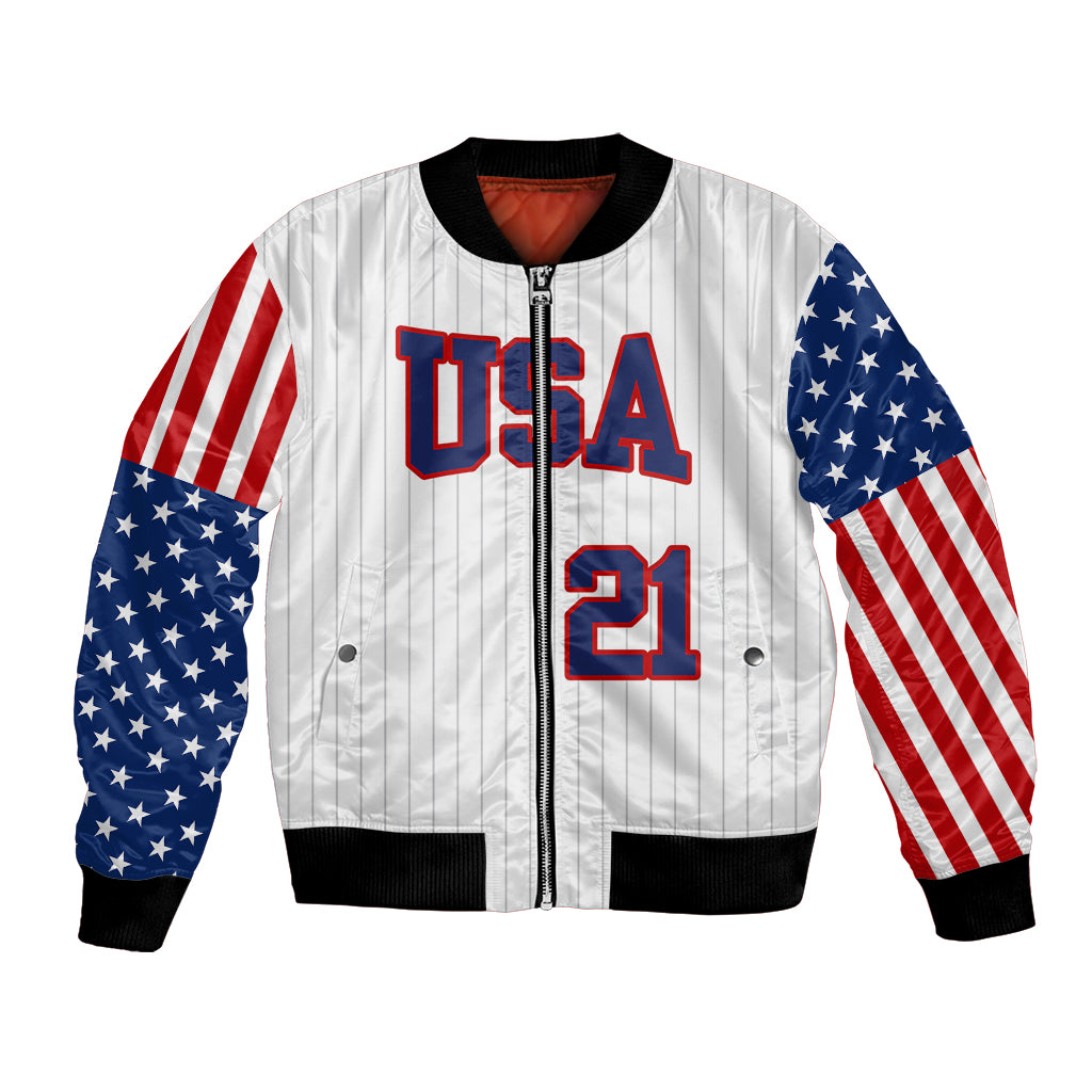 White baseball bomber jacket with USA flag sleeves, front zip, USA 21 patch