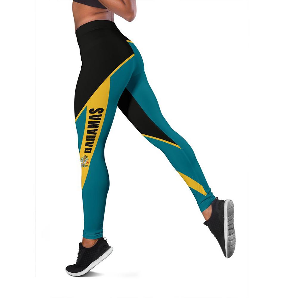 Active leggings with teal legs, black side stripe, and yellow “BAHAMAS” branding detail