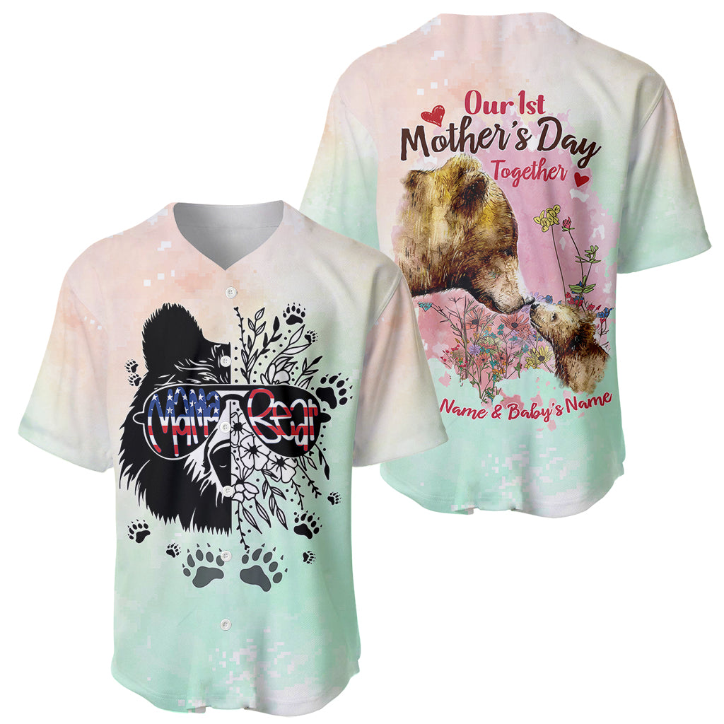 Mint baseball jersey with black bear silhouette, paw prints, and U.S. flag heart design
