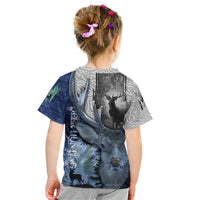Kids graphic t-shirt back view, dark gray/blue with stag and deer abstract print