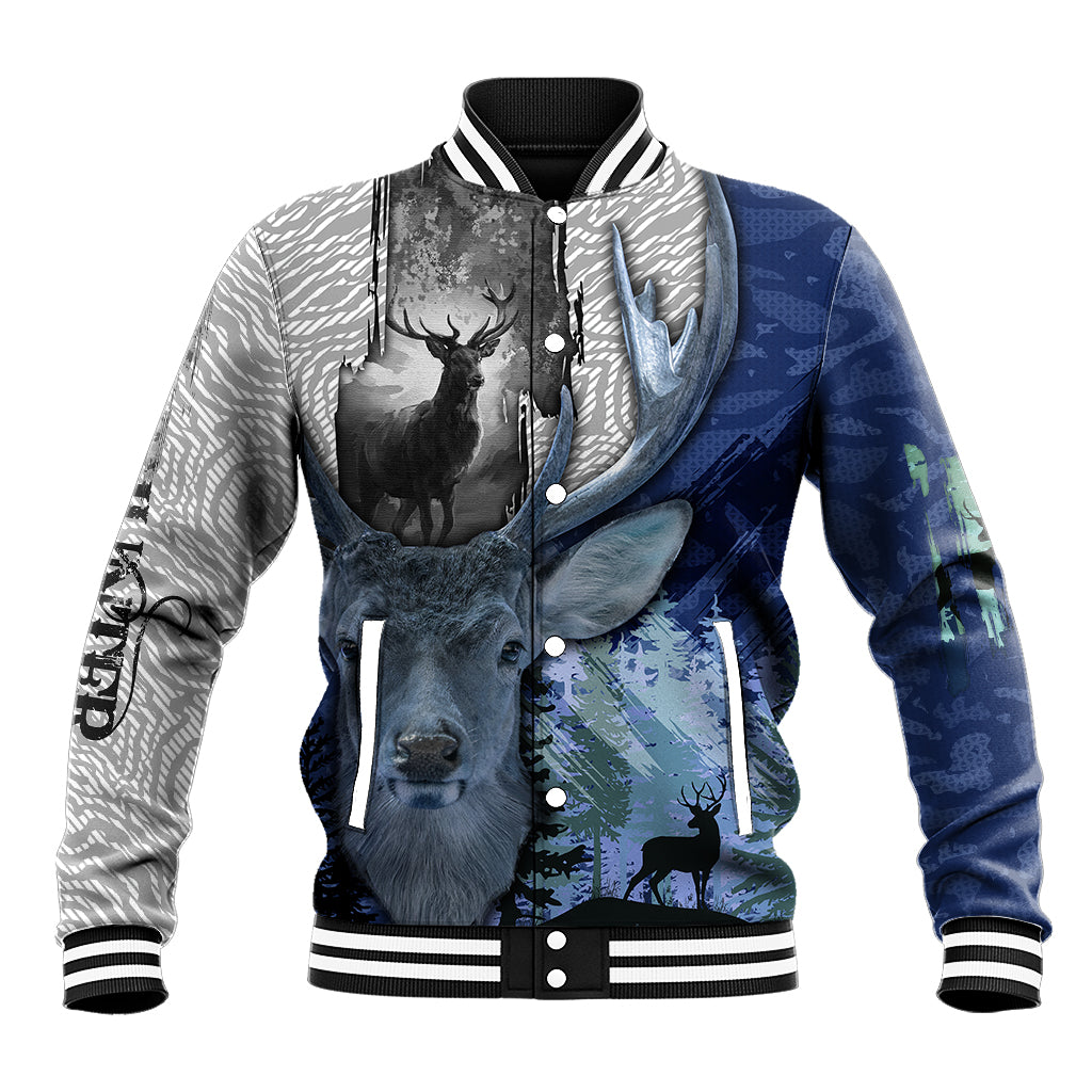 Baseball jacket with night deer and stag abstract print, black ribbed collar and cuffs