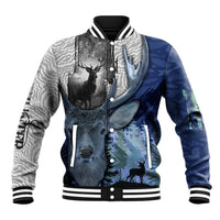 Baseball jacket with night deer and stag abstract print, black ribbed collar and cuffs