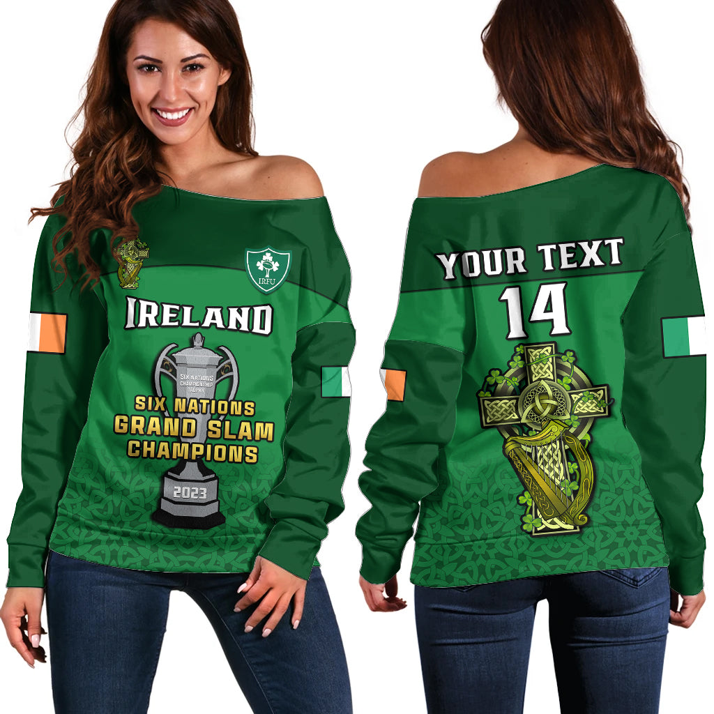 (Custom Text And Number) Ireland Rugby 2023 Champions Six Nations Irish Proud Off Shoulder Sweater - Wonder Print Shop