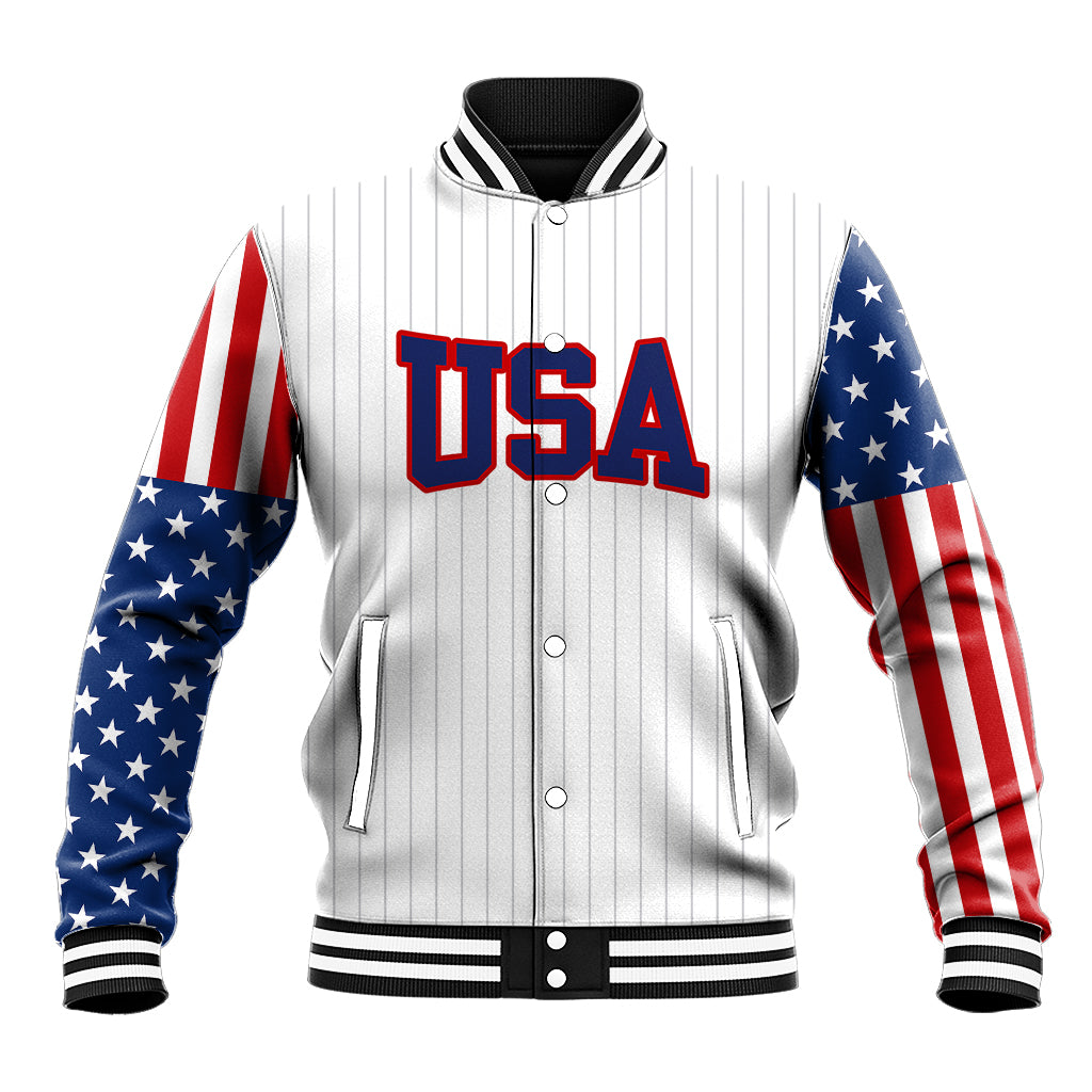 White baseball jacket with striped rib collar and USA front; stars-and-stripes sleeves.
