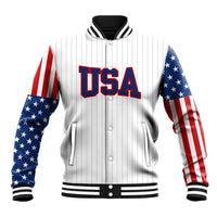 White baseball jacket with striped rib collar and USA front; stars-and-stripes sleeves.
