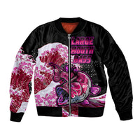 Unisex bomber jacket with black satin finish, front zipper, purple pink large-mouth bass graphic