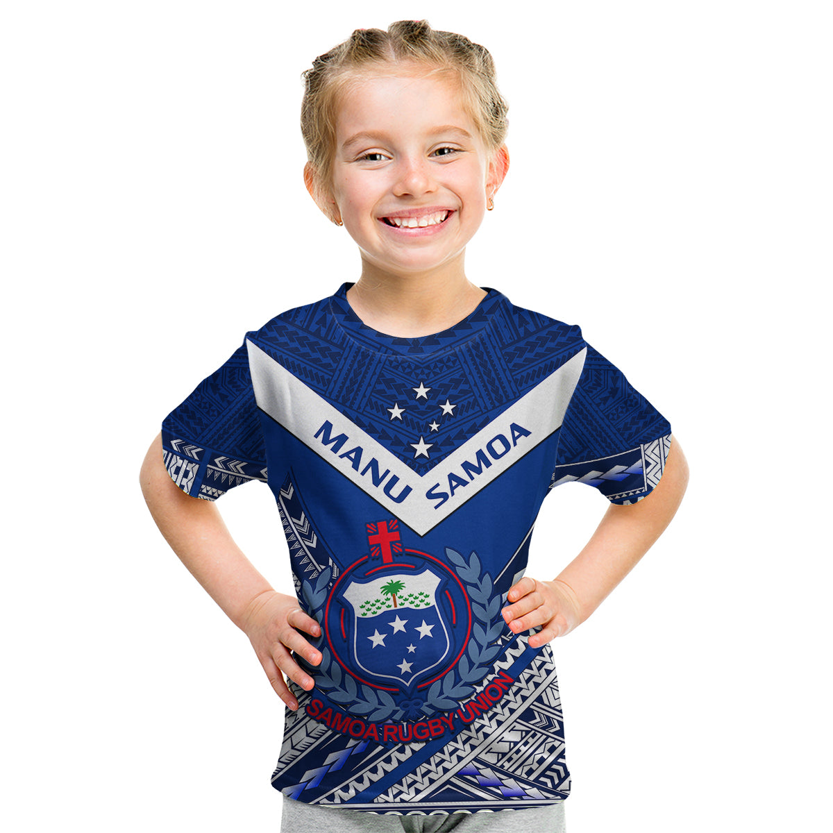 (Custom Text And Number) Samoan Rugby Manu Samoa 7s Polynesian Pattern Kid T Shirt - Wonder Print Shop