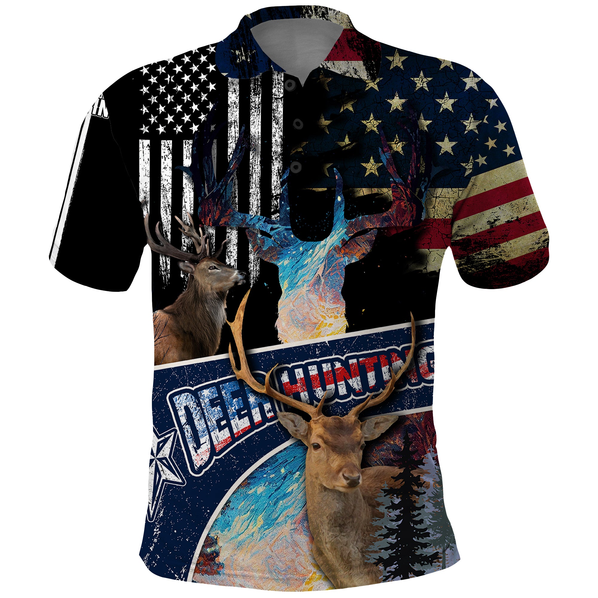 Deer Hunting American Flag Tie Dye Forest Painting Pattern Polo Shirt - Wonder Print Shop