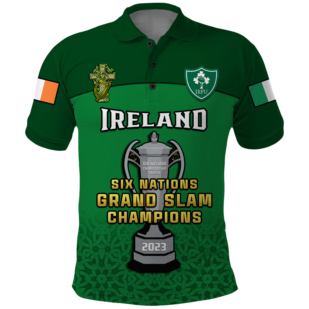 Green polo shirt with IRFU crest and Six Nations Grand Slam Champions graphic