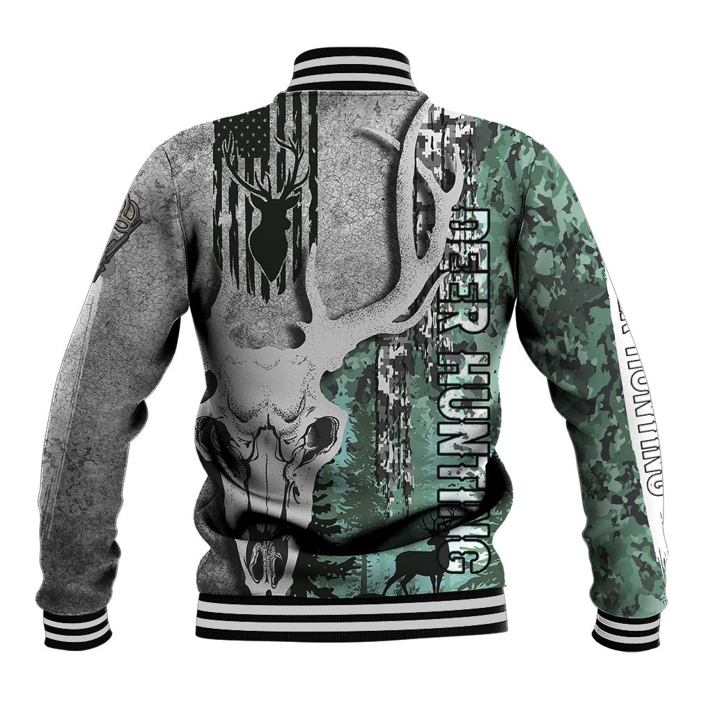 Baseball jacket back view with deer head and camo pattern, striped hem and cuffs
