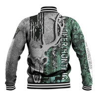 Baseball jacket back view with deer head and camo pattern, striped hem and cuffs