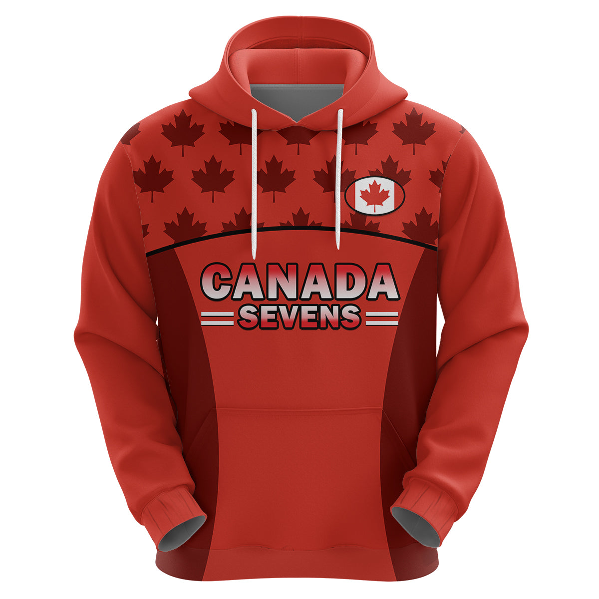 Red Canada Sevens hoodie back with maple leaf print, large CANADA SEVENS logo, crest.