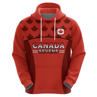 Red Canada Sevens hoodie back with maple leaf print, large CANADA SEVENS logo, crest.