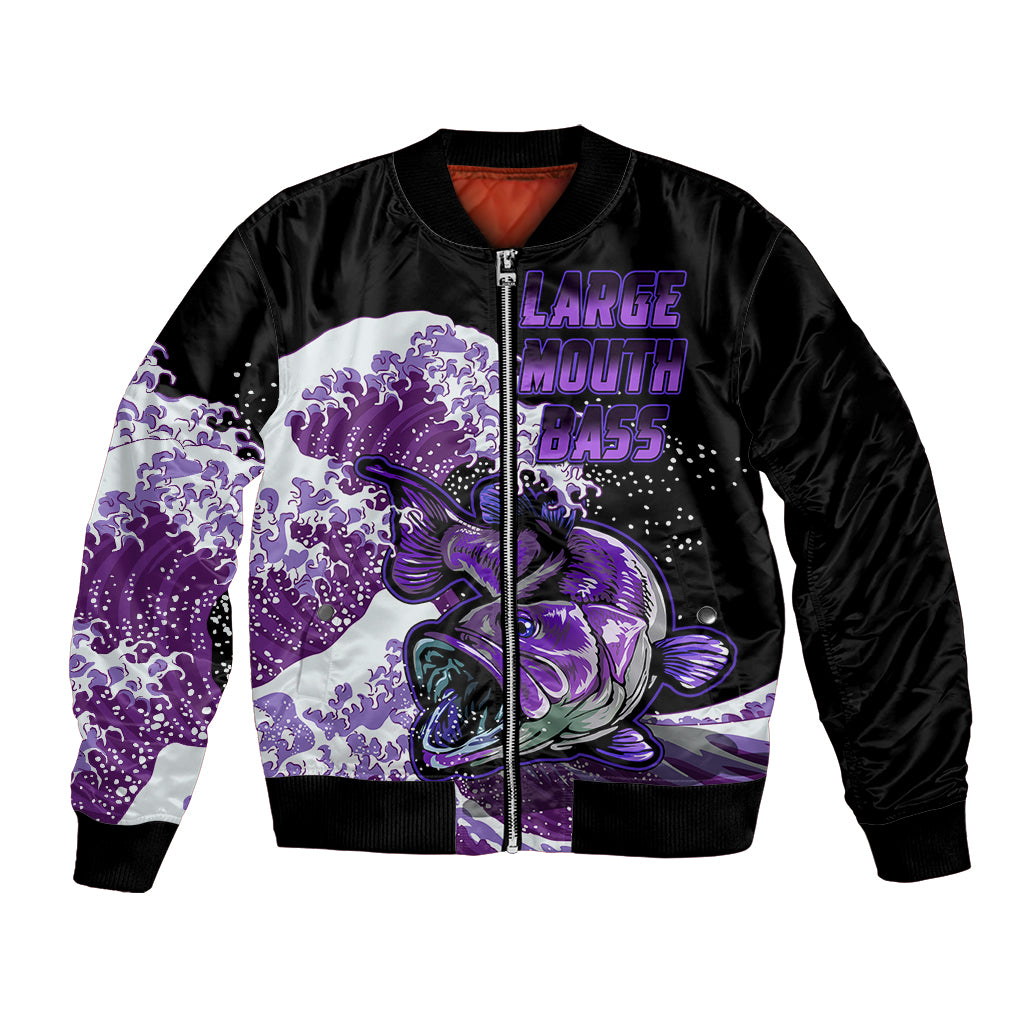 Purple and black bomber jacket with zip front and large-mouth bass graphic