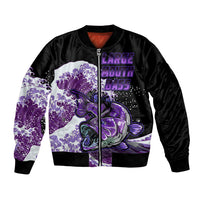 Purple and black bomber jacket with zip front and large-mouth bass graphic