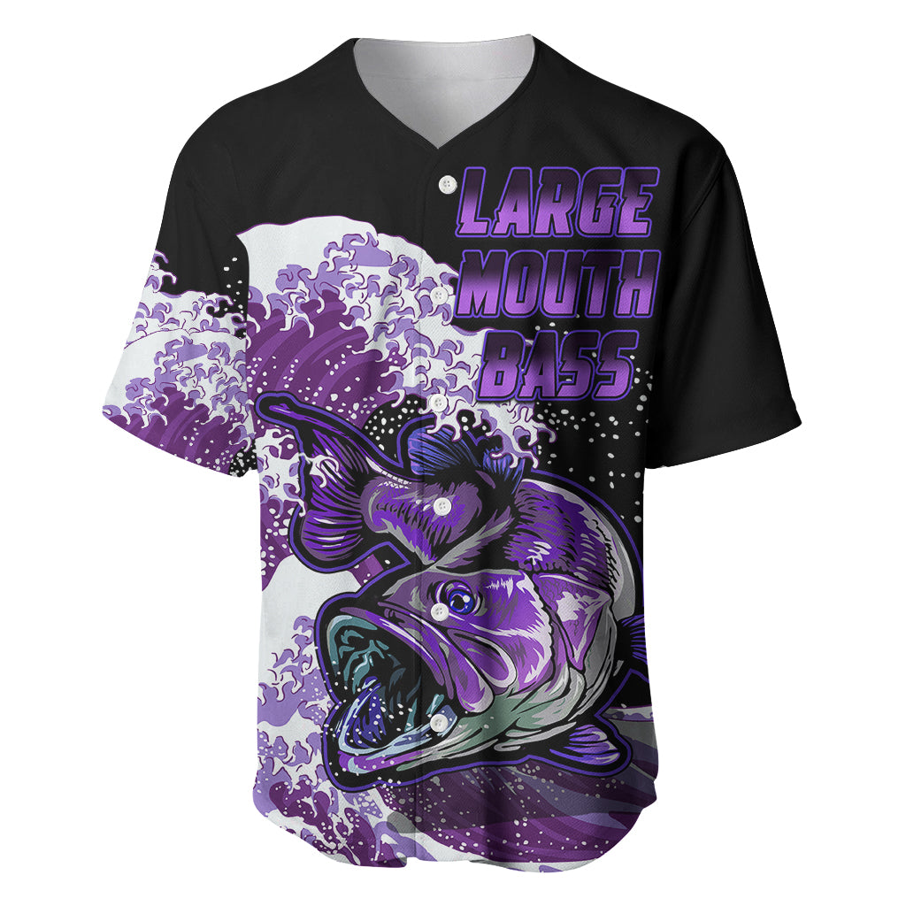 Black fishing baseball jersey with purple large mouth bass graphic and button collar