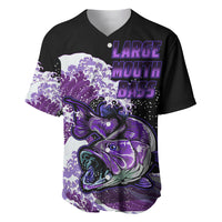 Black fishing baseball jersey with purple large mouth bass graphic and button collar