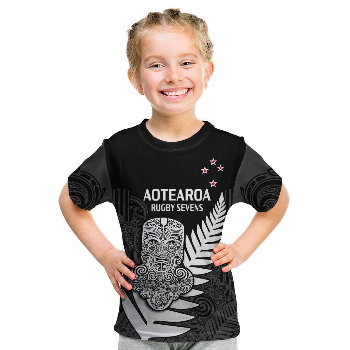 custom-text-and-number-aotearoa-rugby-sevens-all-black-tiki-fern-kid-t-shirt