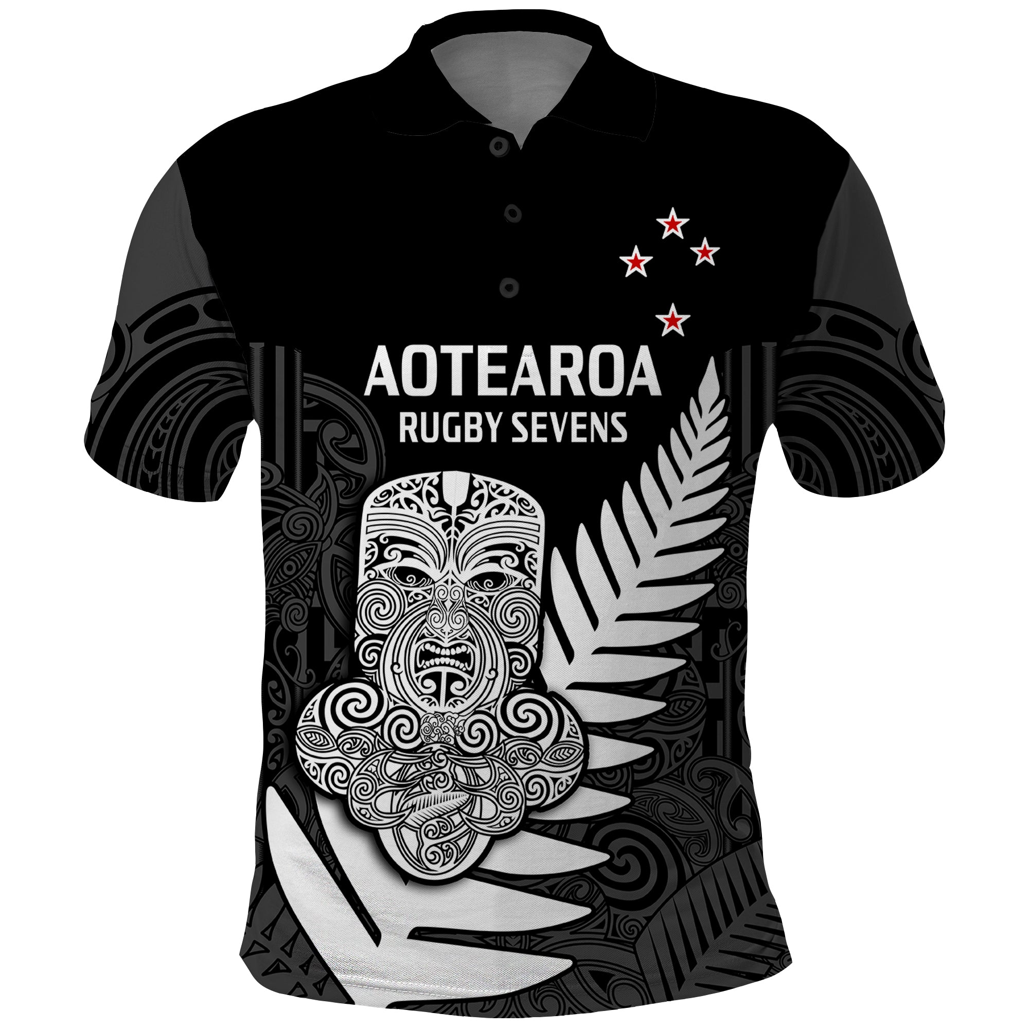 (Custom Text And Number) Aotearoa Rugby Sevens All Black Tiki Fern Polo Shirt - Wonder Print Shop