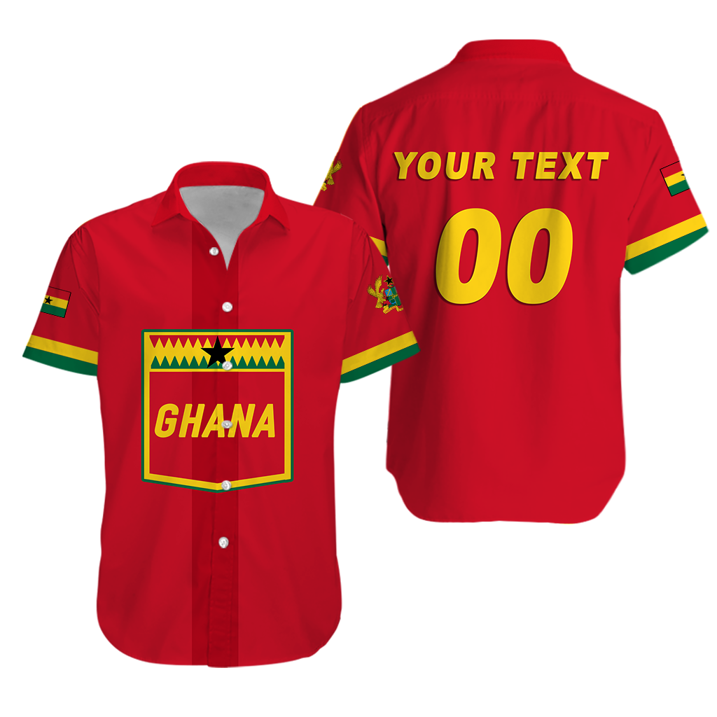 Red button-up Hawaiian shirt with Ghana patch; back shows 'YOUR TEXT 00'